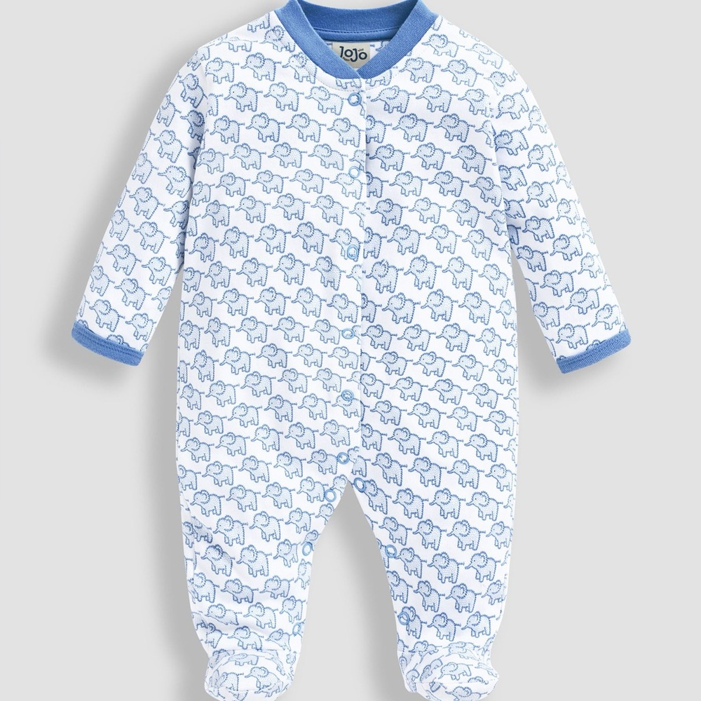 Jojo Maman Bebe Baby Blue Little Elephant Cotton Baby Sleepsuit 0-3 months